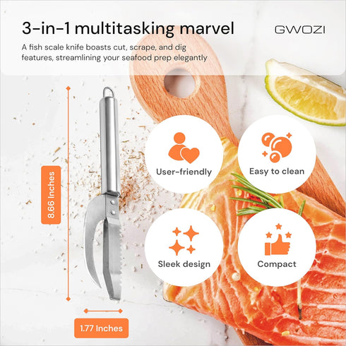 Fish Scale Knife 3-in-1, Multifunction Fish Scaler Remover Tool for Cut/Scrape/Dig, Stainless Steel Fish Descaler
