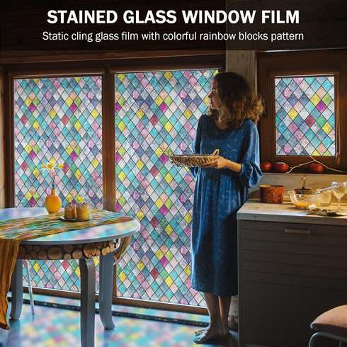 FEOMOS Stained Glass Window Film | Colorful Lattice Window Privacy Films | Anti UV 29.5 x 78.7 inches