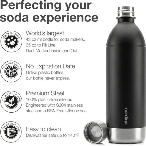 43 oz 3 Stainless Steel Carbonating Bottle | Compatible with Aarke Carbonator (Not Pro) and SMEG Soda Makers | No