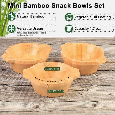 Snack Bowls Set, Small Bamboo Sauce Dish Dipping Bowls with Handle for Appetizers, Dips, Nuts, and Desserts