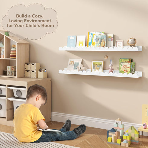 36 Inch Set 2, Fun Memories Scalloped Nursery Shelf, White Picture Ledge for Wall, of Kids Book Shelves with Floating