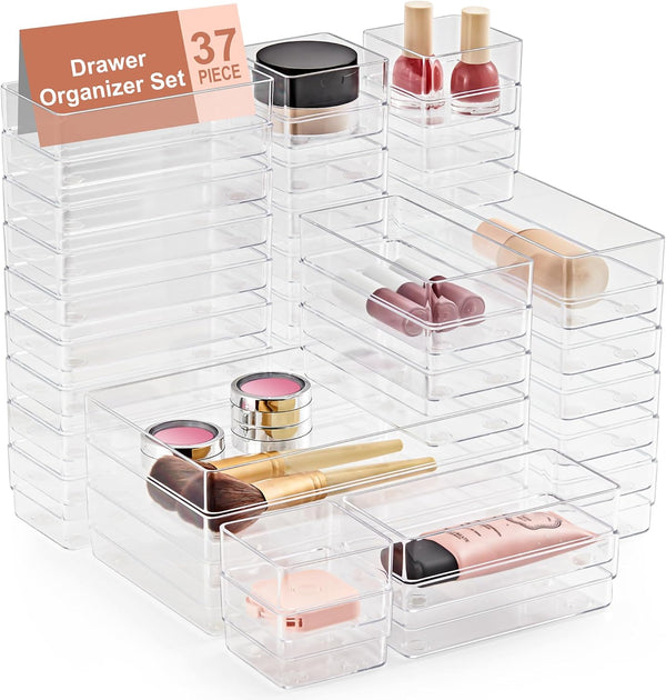 SMARTAKE 37-Piece Drawer Organizer, Non-Slip Silicone Pads, 4-Size Desk Drawer Organizer Trays for Makeup and Office