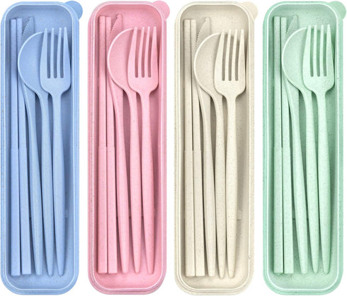 4 Sets Travel Utensils with Case, Reusable Plastic Cutlery Set for Lunch Box Accessories