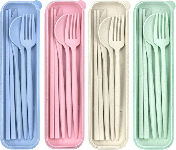 4 Sets Travel Utensils with Case, Reusable Plastic Cutlery Set for Lunch Box Accessories