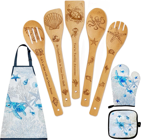 8 PCS Ocean Bamboo Kitchen Cooking Utensil Spoon Set with Apron Oven