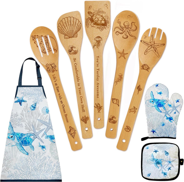 8 PCS Ocean Bamboo Kitchen Cooking Utensil Spoon Set with Apron Oven