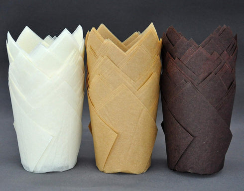 Large Greaseproof Paper Wrappers, Muffin Baking Cupcake Cups Liners, 2-1/4" x 4", Natural, Brown, White, 125 pcs Tulip