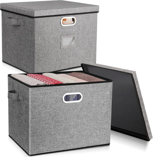 2-Pack Collapsible Storage Bins with Lids, Foldable Fabric Linen Storage Boxes Cube, Gray Closet Organizer (17 x 13 x