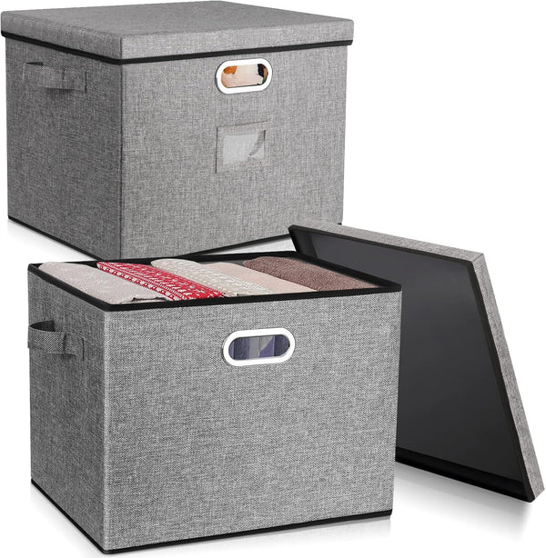 2-Pack Collapsible Storage Bins with Lids, Foldable Fabric Linen Storage Boxes Cube, Gray Closet Organizer (17 x 13 x