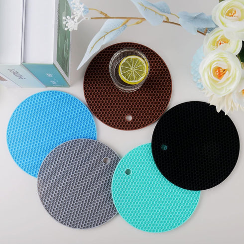 5 Pcs Round Silicone Trivets: Extra Thick Heat Resistant Kitchen Mats, Honeycomb Rubber Hot Pads for Hot Dishes