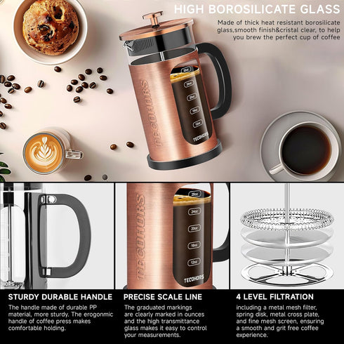 French Press Coffee Maker 34oz, 304 Stainless Steel Coffee Press with 4 Filters, Heat Resistant Borosilicate Glass