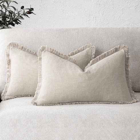 Foindtower Set of 2 Decorative Linen Fringe Throw Pillow Covers, Boho Farmhouse Cushion Cover for Couch Bed Decor