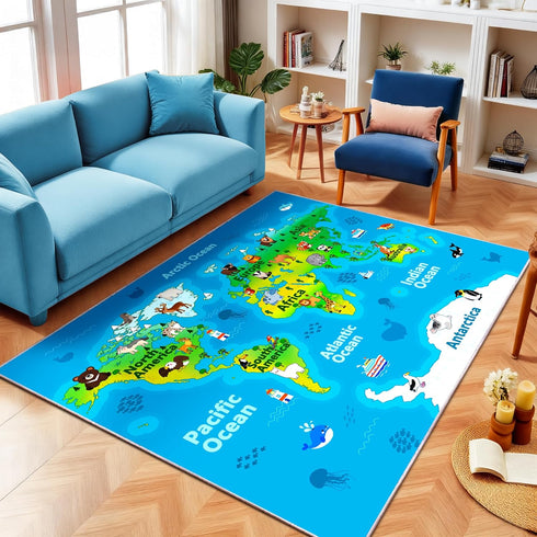 5x7ft Kids Playroom Rug, World Map Play Mat with Cute Animals, Washable Durable Soft Carpet Kid Educational Rugs