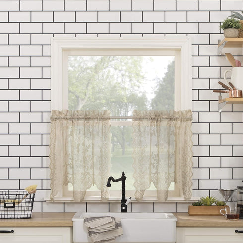 No. 918 Alison-Tr Floral Lace Sheer Rod Pocket Kitchen Curtain - Tier Pair, 58" x 36", Stone