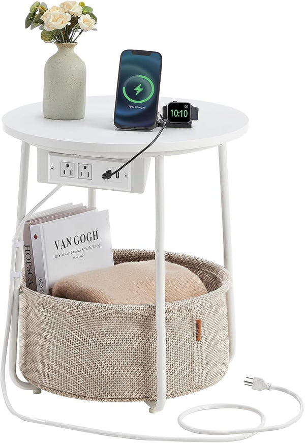 VASAGLE LILEA Collection - Side Table with Charging Station, Round End Table