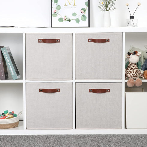 Temary Fabric Storage Cubes with Dual Leather Handles, 4 Pack Cube Baskets 13x13 for Home, Office, Nursery