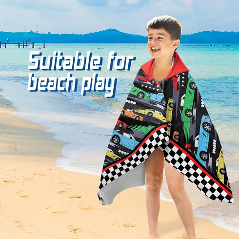 HSUIOFE 100% 35x60 Inch 3-12-Racing Hooded Towels for Kids -Toddler Beach Towel- Super Absorbent & Quick Dry Cotton
