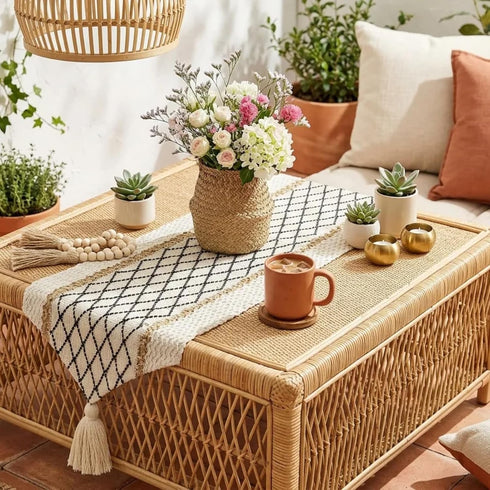12 46 Inches, yuboo Boho Table Runner Triangular End * Coffee Table Runner with Tassels, Macrame Dresser Runners Scarf