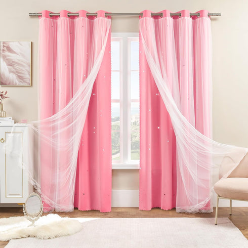 2 72 Inches Grommet W52 L72 XiDi Pink Curtains for Kids Girls Bedroom Panels Blackout Double Layer Curtains with Sheer