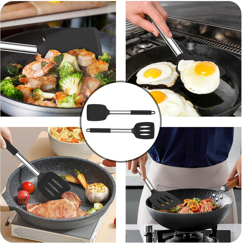 TeamFar Kitchen Utensils, 4 Pcs Silicone Cooking Spatula Spoon Set with Stainless Steel Handle, Non-stick & Dishwasher