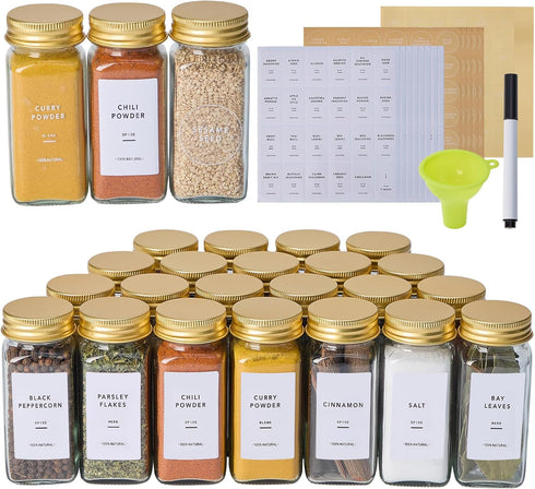 48 Pcs Glass Spice Jars with 576 Labels, 4oz Empty Square Spice