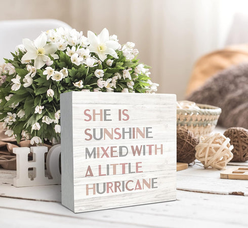 SRADMO She Is Sunshine Mixed with a Little Hurricane Boho Wood Box Sign Desk Decor, Baby Girls Inspirational Quotes