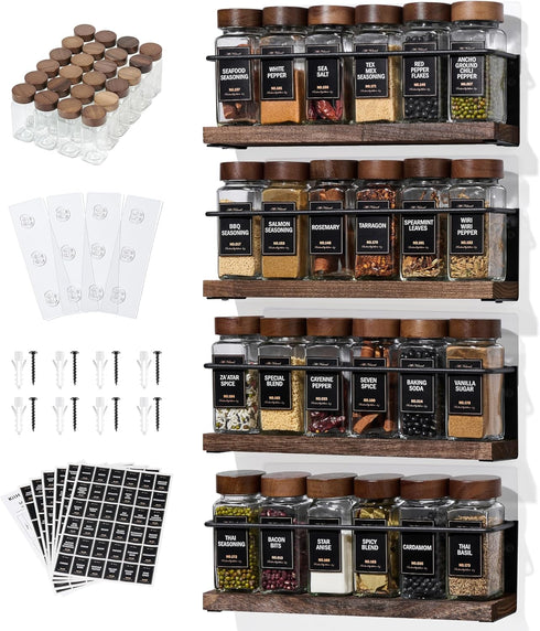 4-Tier Wall Mount Spice Rack Organizer with 24 Glass Jars, 216 Labels