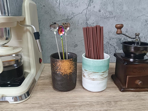 Stoneware Coffee Spoon Holder for Coffee Bar, Tea Spoon Holder Jar Teaspoon Holder Coffee Stirrers Holder Upright Coffee Spoon Holder Cup, Coffee Stir Stick Holder Small Utensil Holder (Fireworks)