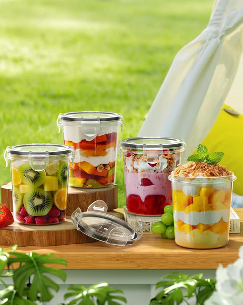 Overnight Oats Container with Lids, 4 Pack 13oz BPA Free Plastic Mason Jars, Leak Proof for Yogurt and Soup