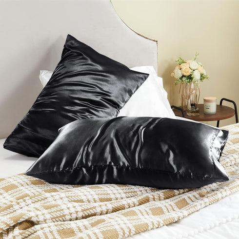 BEDELITE Satin Pillowcase for Hair and Skin, 2 Pack Super Soft Cooling Pillow Cases with Envelope Closure, Black
