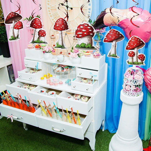 30 Pieces Birthday Party Decorations Mushroom Hanging Swirls Ceiling Streamers Mushroom Party Supplies Wonderland Foil