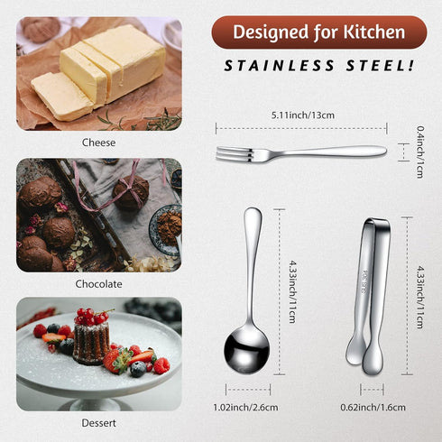 Cunhill 24 Pcs Charcuterie Accessories Mini Cocktail Tongs Small Serving Spoons and Appetizer Forks Stainless Steel Tongs Charcuterie Utensils for Valentine's Day Party(Silver, Circular Spoon) by Cunhill