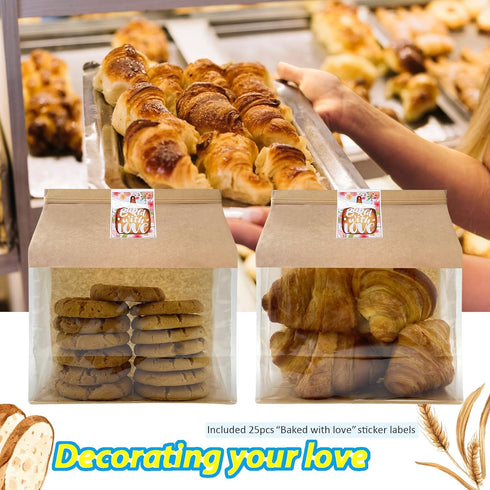 BIUBIU 25ct 8.74.311inch Thicker Large Bread Bags for Homemade with Window, Twist Tie & Sticker Label - Ideal