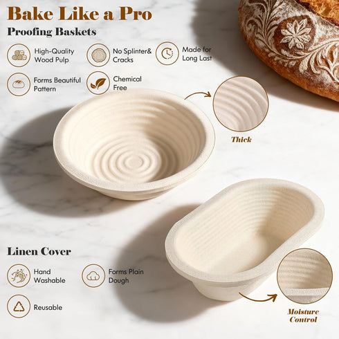 Risecret 9" 10" 34 oz Sourdough Starter Kit with Aliquot Jar, Wood Pulp Round & Oval Bannetons & Sourdough Starter Jar