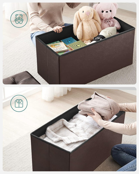 SONGMICS Folding Storage Ottoman Bench 30 Inches, Faux Leather, Brown, Footstool with Flipping Lid, ULSF45BR