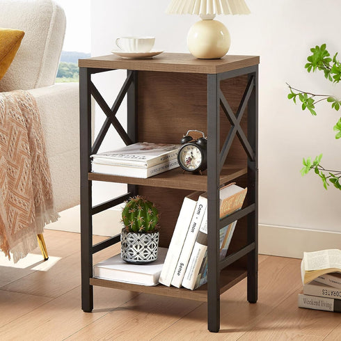 Small Bookcase, 3 Tier Industrial Short Bookshelf with Metal Frame, Rustic Brown Low Bookshelf for Small Spaces