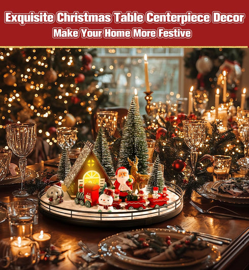 12 Set 13" Oroyutor Pcs Christmas Village - Oak Wooden Lazy Susan with Santa Train, House & Trees Indoor Christmas