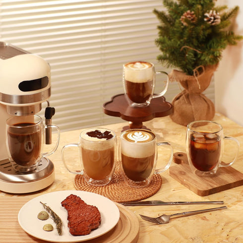 6 Pack Mugs12oz CNGLASS Double Walled Glass Coffee Clear Coffee Cups with HandleInsulated Glass Espresso Mugs