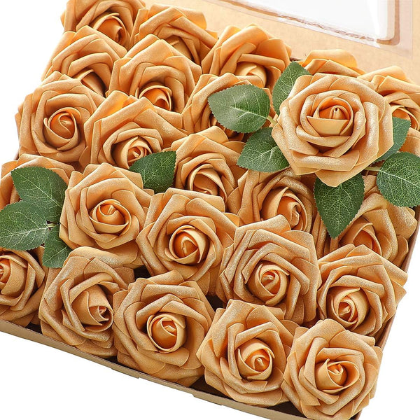 Floroom 25pcs Real Looking Gold Foam Fake Roses with Stems for DIY Wedding Bouquets, Bridal Shower Decorations