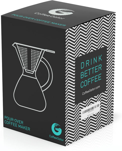 Coffee Gator Pour Over Coffee Maker, 27 oz, Portable Drip Brewer Set with Glass Carafe & Stainless-Steel Filter