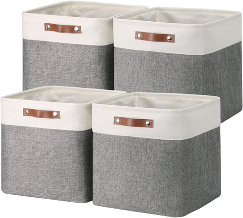 Temary 13 Inch Fabric Storage Cubes Baskets, Large Baskets with PU Leather Handle for Toys, Books, Blankets