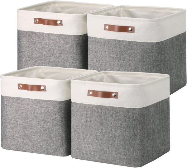 Temary 13 Inch Fabric Storage Cubes Baskets, Large Baskets with PU Leather Handle for Toys, Books, Blankets
