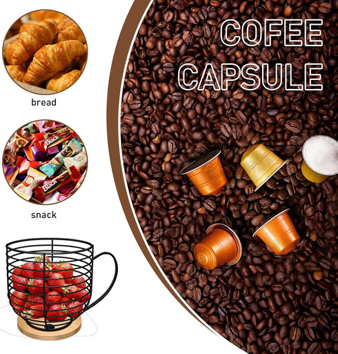 Large Capacity Black Wire Coffee Pod Holders for Counter, K Cup Storage Organizer with Wooden Base, Coffee Bar