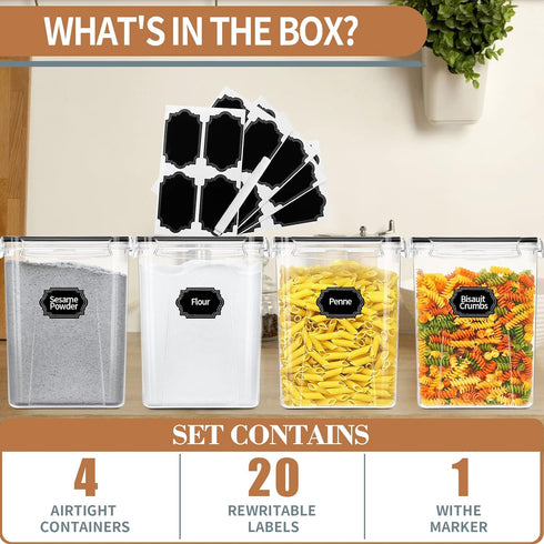 5.2L 195oz, 4pcs 20 PRAKI Large Airtight Food Storage Containers / Pantry Kitchen Organizers and Storage for Flour