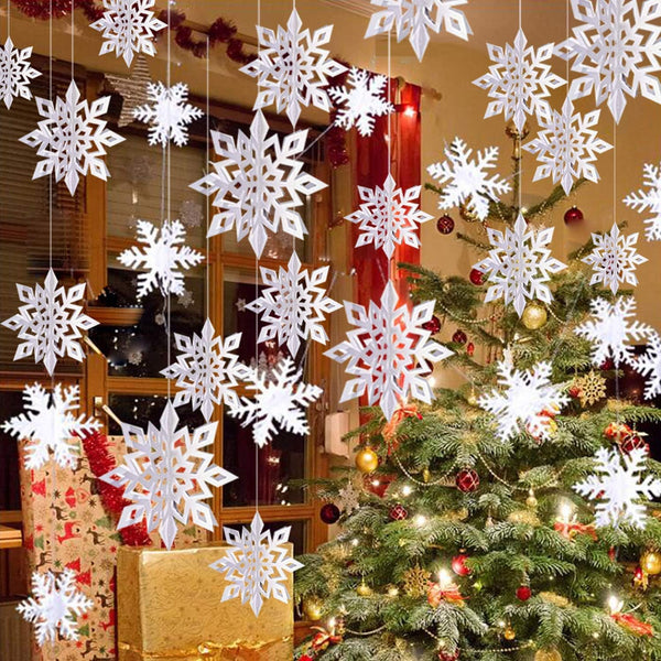 OuMuaMua Winter Christmas Hanging Snowflake Decorations, 12PCS Garland & 12PCS 3D Glittery Large White Snowflakes