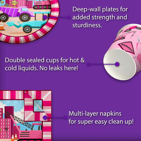 Set 16 Girl Pink Construction Trucks Birthday Party Supplies Plates Napkins Cups Tableware Kit