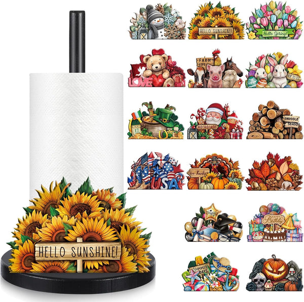 LemonRoad 17 Pcs Holiday Interchangeable Kitchen Paper Towel Holder Wooden Sunflower 4th of