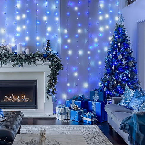 300LED 8 9.8x9.8ft JMEXSUSS Christmas Curtain Lights Plug in with Remote, Blue and White Christmas Lights Indoor