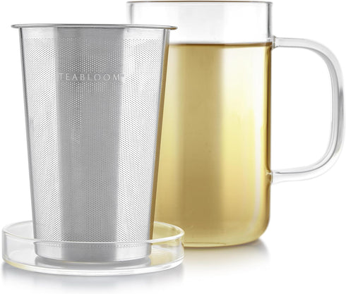 Teabloom Premium Borosilicate Glass Mug with Stainless Steel Loose Leaf Tea Infuser and Lid/Dish - 12 Ounces (350 mL) by Teabloom