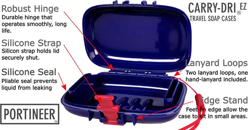 Carry-Dri EZ Travel Bar Soap Container & Dish - Durable Leakproof Soap Holder with Patented Air Vents, Blue-Red
